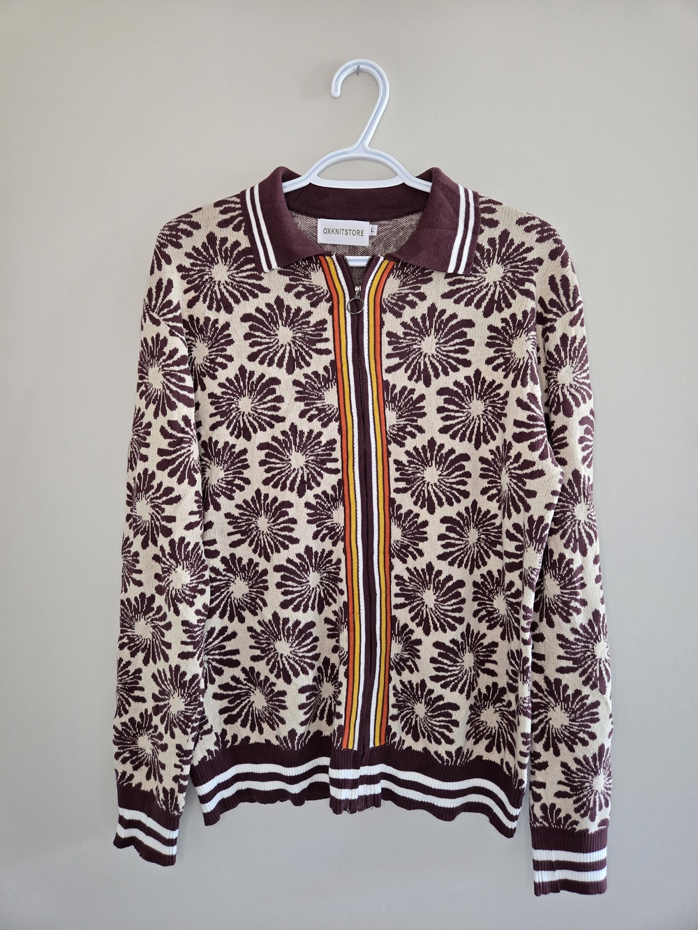 OXKnit vintage cream & burgundy floral knit zip cardigan, like new, large